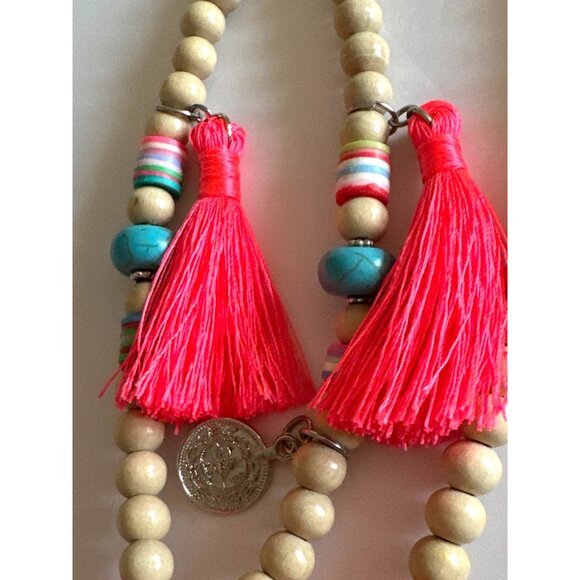 Vibrant Boho Long Tassel Necklace Cowrie Shells Pom Poms Beads Statement - Picture 9 of 9
